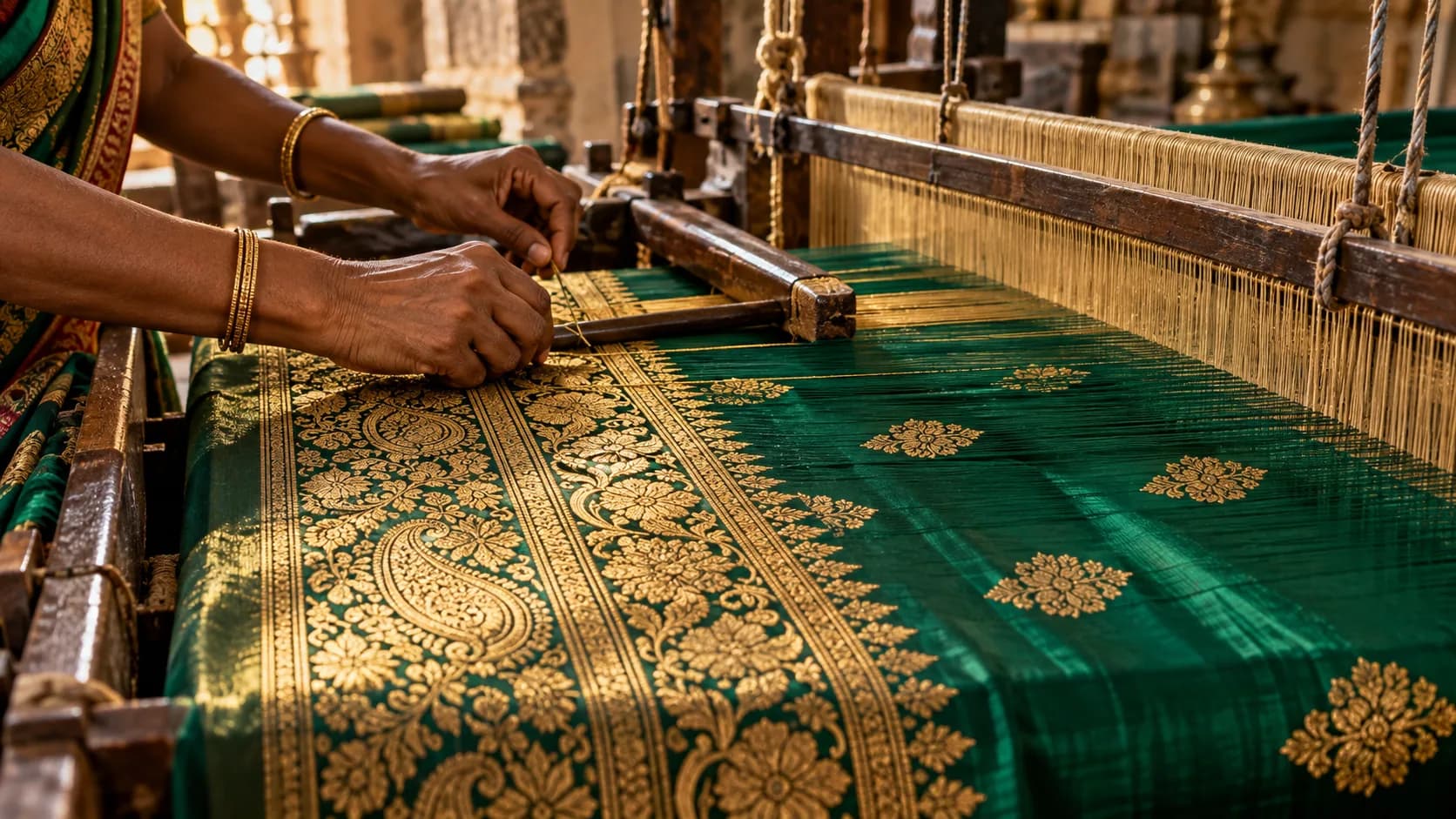Hands weaving emerald and gold silk at a traditional handloom