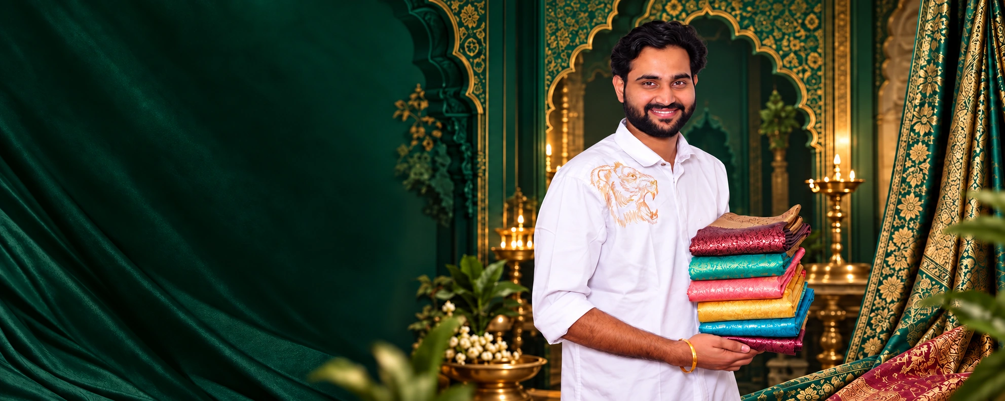 Mukta Sarees founder displaying colorful silk sarees in the emerald and gold store