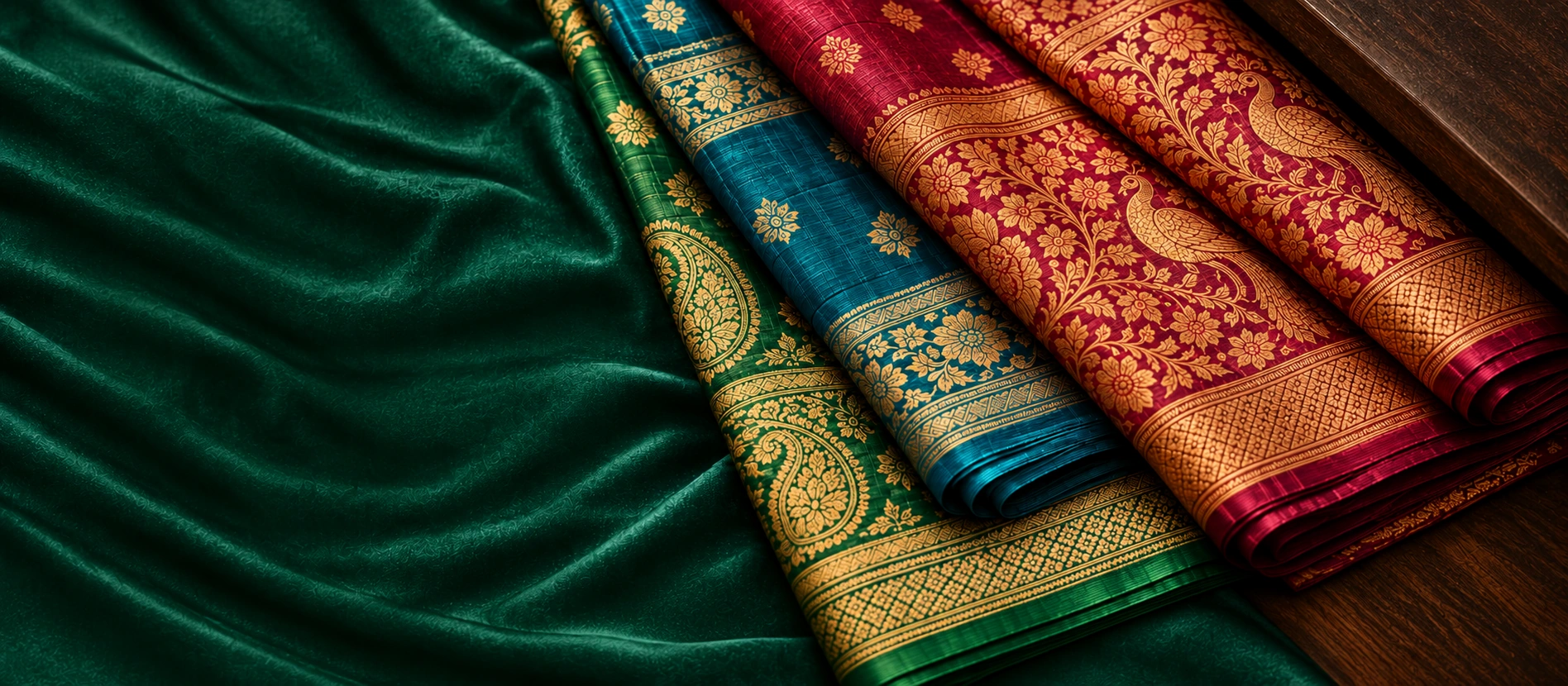 Rich emerald, teal and wine silk sarees with intricate gold zari